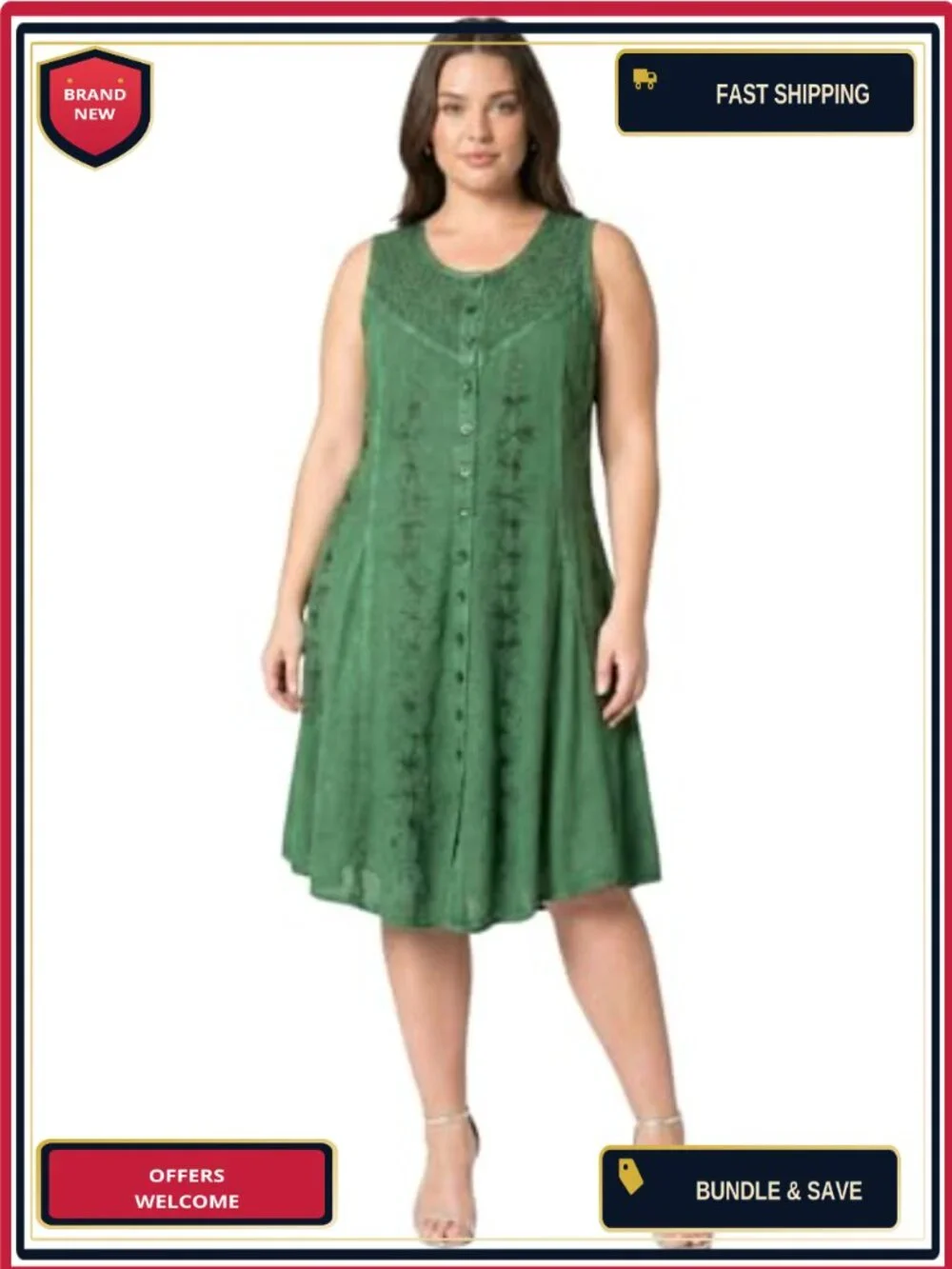 Women's Floral Embroidered Midi Sleeveless Button Up Rayon Dress
